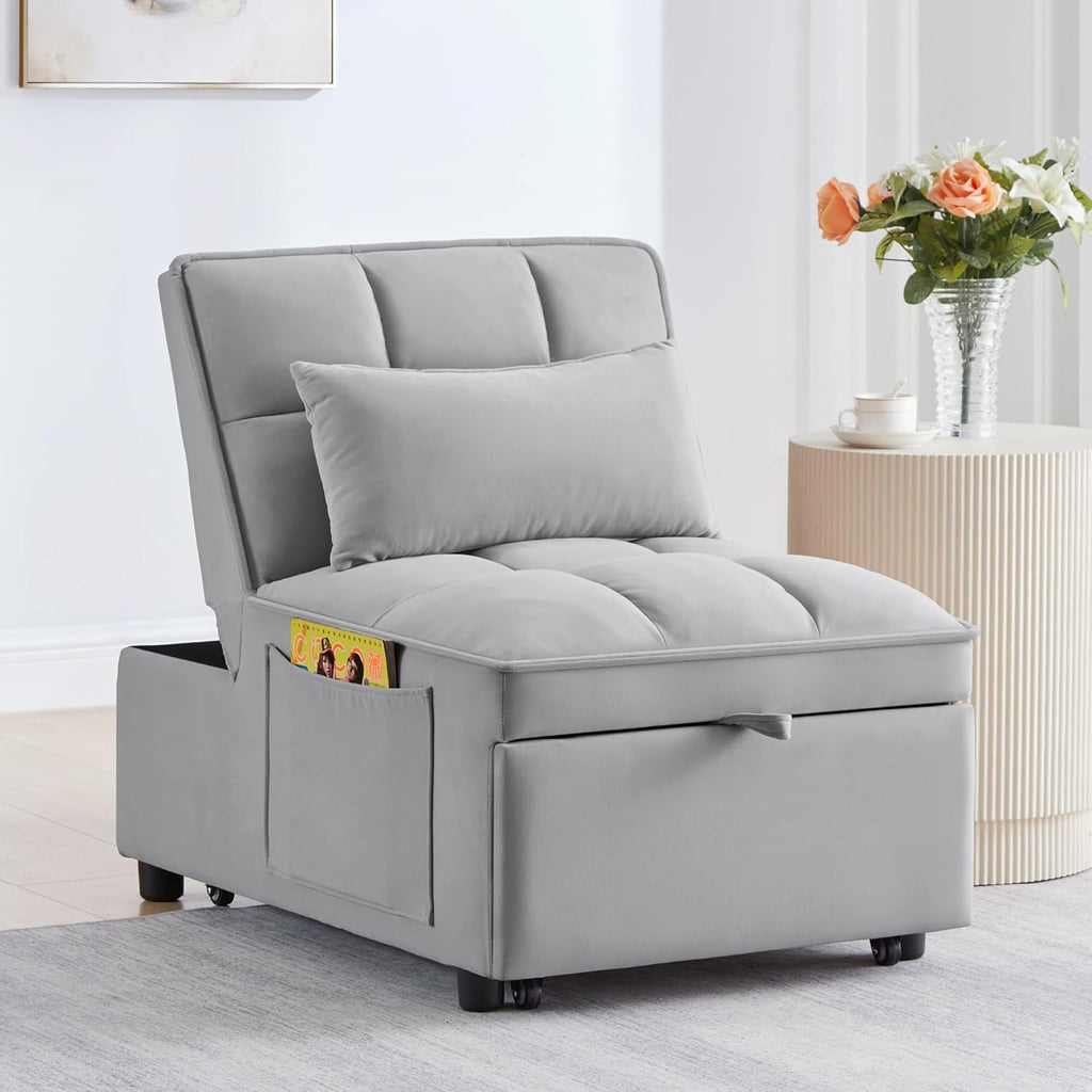 YOPTO Multi-Function Convertible Single Sleeper Sofa Bed with Storage Pockets,Velvet Tufted Pull-Out Couch Bed 4in1 W/Adjustable Backrest & Pillows,Chaise Lounge for Living Room,Small Space,Gray