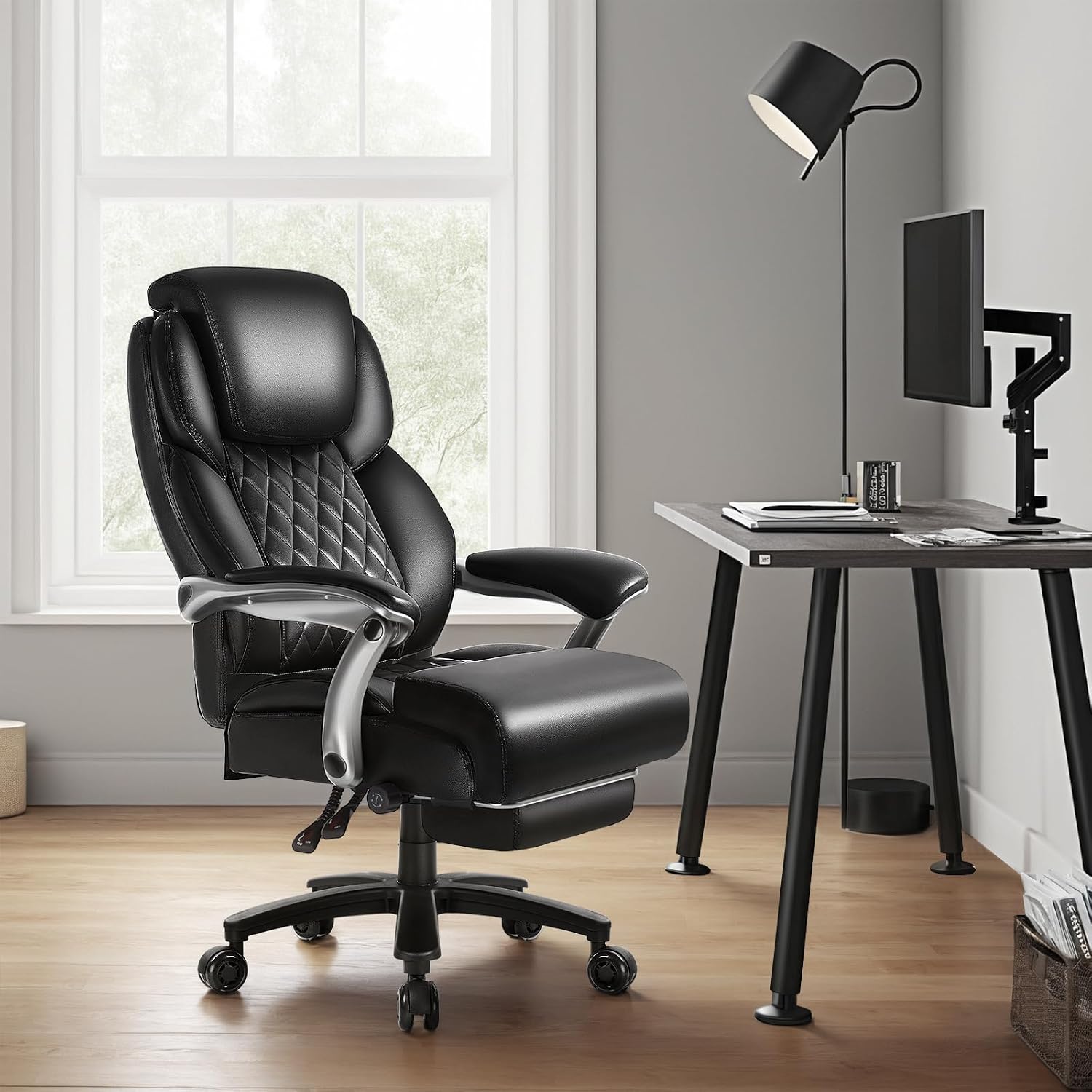 OFIKA 600lbs Big and Tall Office Chair with Foot Rest and Lifting Headrest,Large Heavy Duty Chair with Adjustable Lumber Support,Executive Office Chair,Leather Chair for Heavy People (Black)