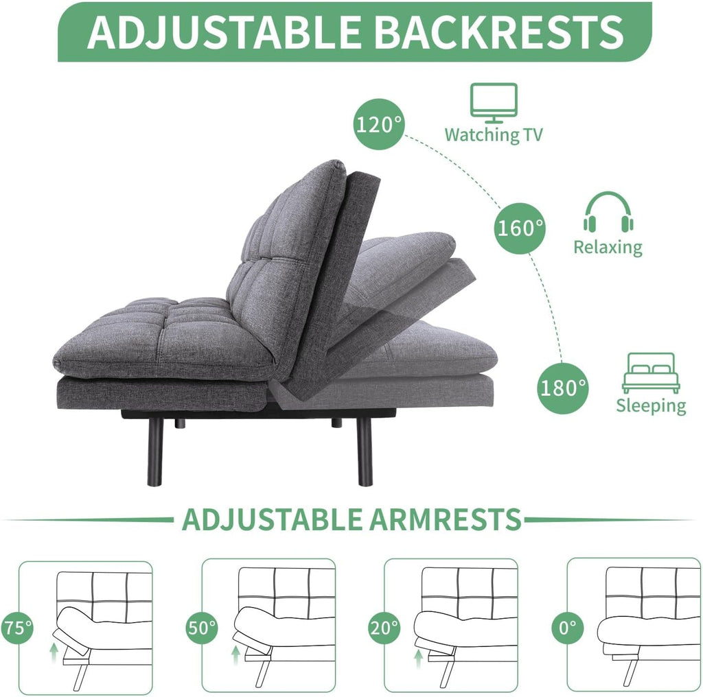 MUUEGM 71' Futon Sofa Bed, Convertible Couch Filled with Memory Foam, Modern Loveseat with Adjustable Backrest&Armrest, Sofas for Living Room,Game Room,Dormitory,Office.Grey Fabric
