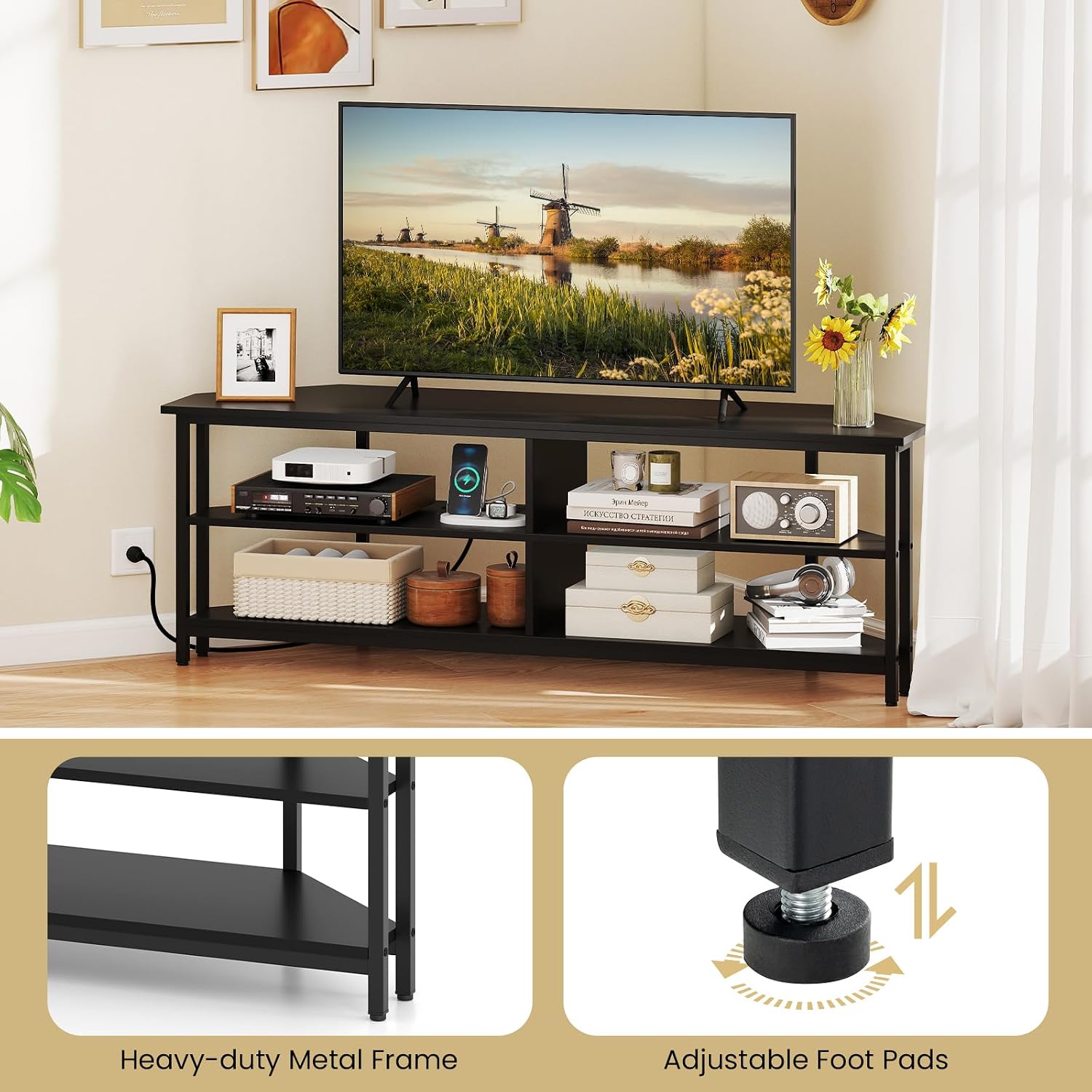 Giantex Corner TV Stand for 65 Inch TV, Modern Entertainment Center w/Power Outlet, Storage Shelves&Metal Frame, Media TV Console Table for Living Room, Bedroom, Small Spaces, Black