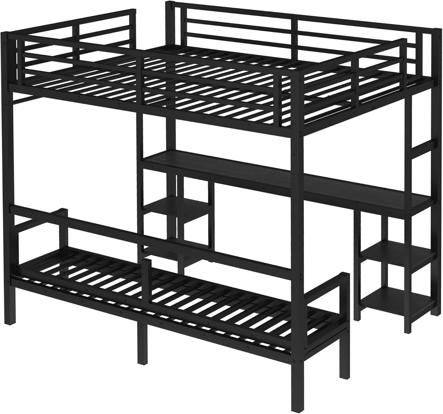 Bellemave Futon bunk Bed Twin XL Over Queen, Queen loft Bed with futon and Desk and Shelves, LED, USB, Black