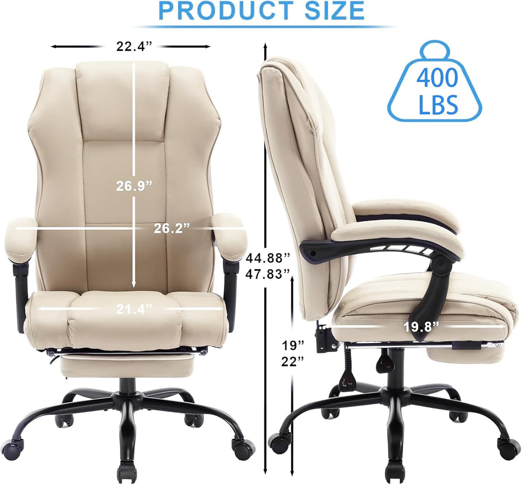 Ergonomic Reclining Office Chair with Footrest, PU Leather Comfortable Recliner Office Desk Chair with Leg Rest Wheels,Beige