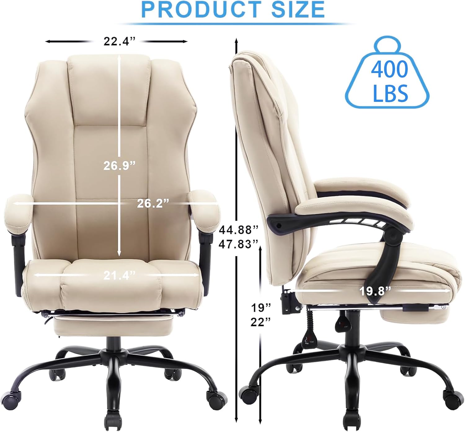 Ergonomic Reclining Office Chair with Footrest, PU Leather Comfortable Recliner Office Desk Chair with Leg Rest Wheels,Beige