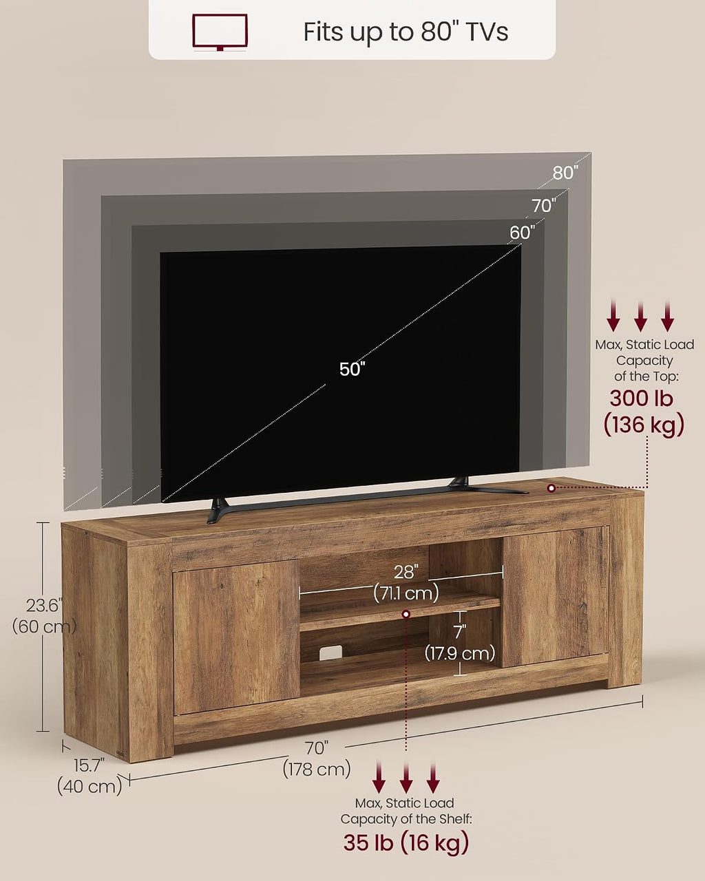 VASAGLE TV Stand, Farmhouse Entertainment Center with Storage Cabinets, Media Console Table for Living Room, Bedroom, for 80 Inch TV, 70 x 15.7 x 23.6 Inches, Honey Brown ULTV624K101S