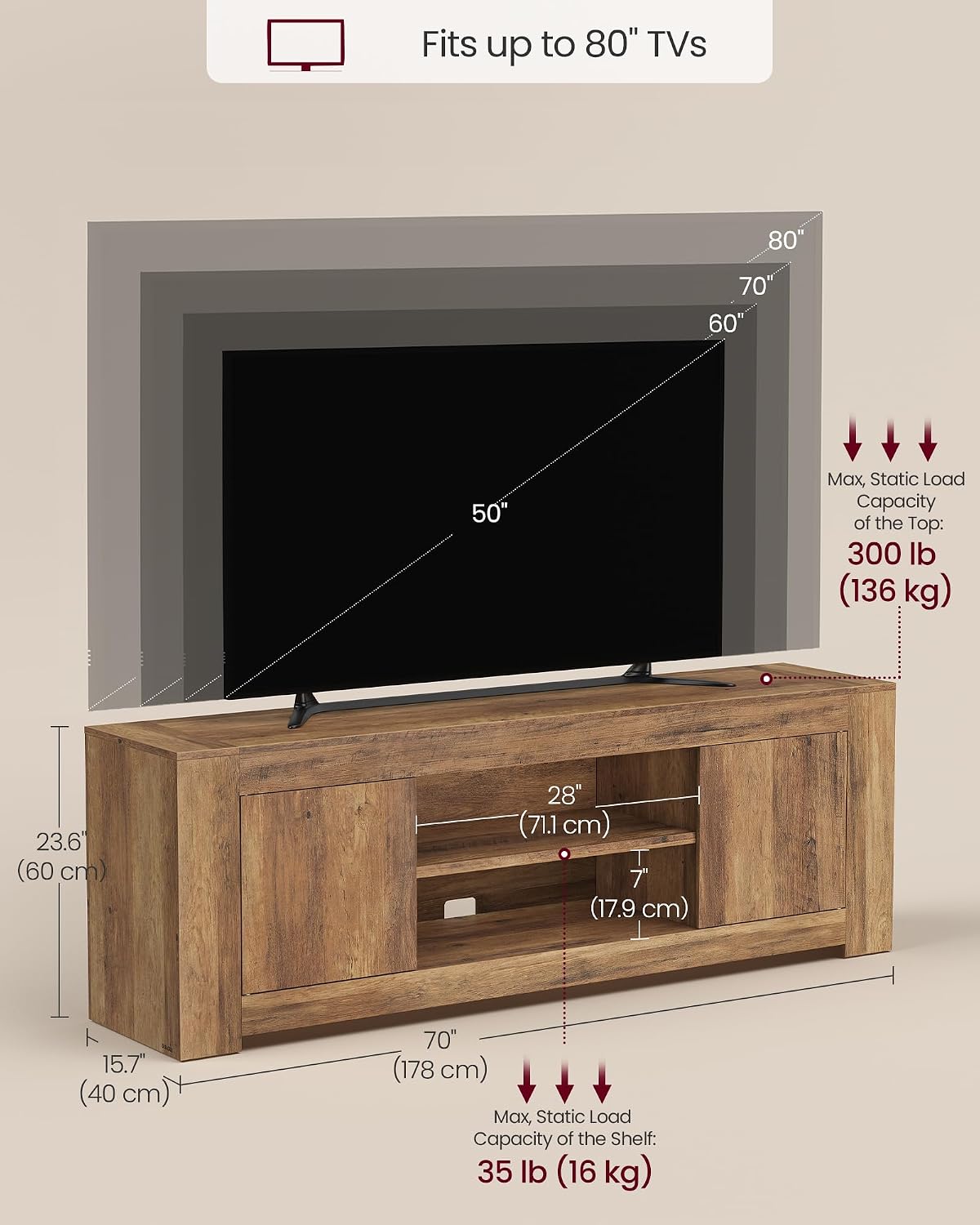VASAGLE TV Stand, Farmhouse Entertainment Center with Storage Cabinets, Media Console Table for Living Room, Bedroom, for 80 Inch TV, 70 x 15.7 x 23.6 Inches, Honey Brown ULTV624K101S