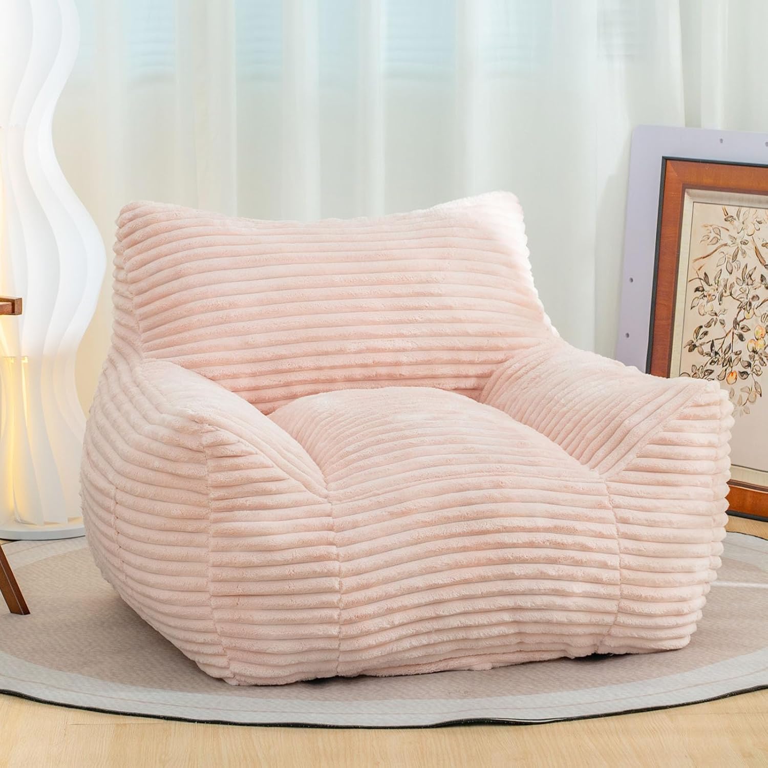 Bean Bag Chair for Adults, Comfy Corduroy Beanbag with Armrests, Lazy Sofa Floor Chair for Living Room, Bedroom, Dorm & Lounge, Cozy Fluffy Single Mini Couch (Pink)