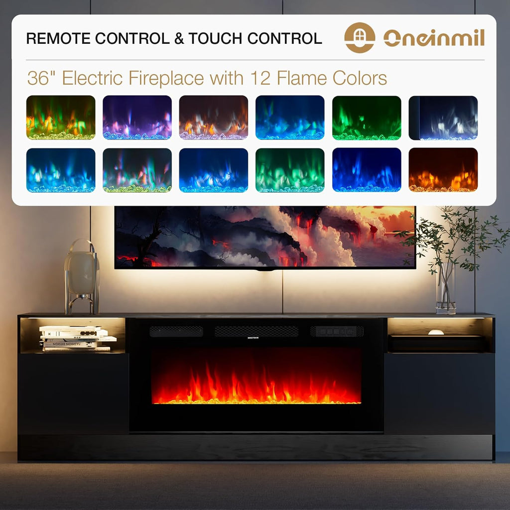 oneinmil Fireplace TV Stand with 36' Electric Fireplace, LED Light Entertainment Center, Modern Wood Texture Entertainment Stand with Highlight Storage Cabinet for TVs Up to 80', 70 inches, Black