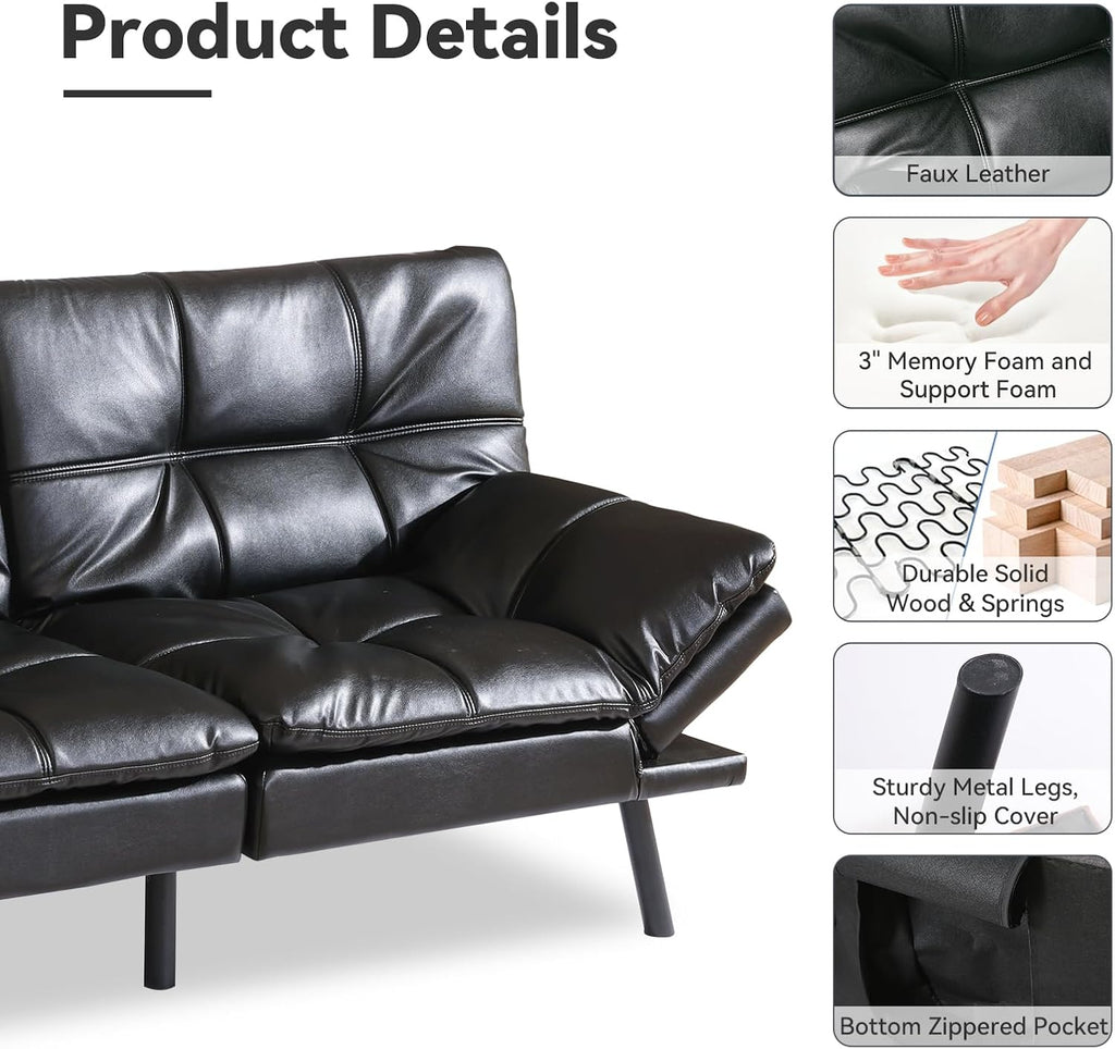 Black Faux Leather Futon Sofa Bed, Memory Foam Futon Couch with Convertible Backrests & Armrests, Small Splitback Loveseat Sofa for Living Room, Home Office, Apartment