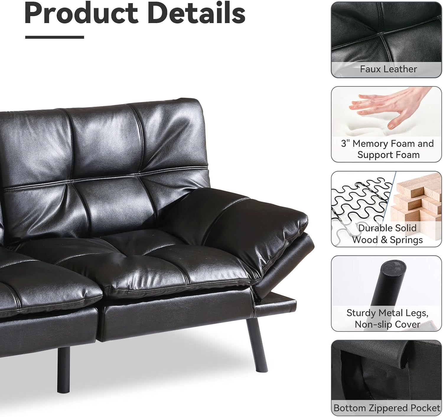 Black Faux Leather Futon Sofa Bed, Memory Foam Futon Couch with Convertible Backrests & Armrests, Small Splitback Loveseat Sofa for Living Room, Home Office, Apartment