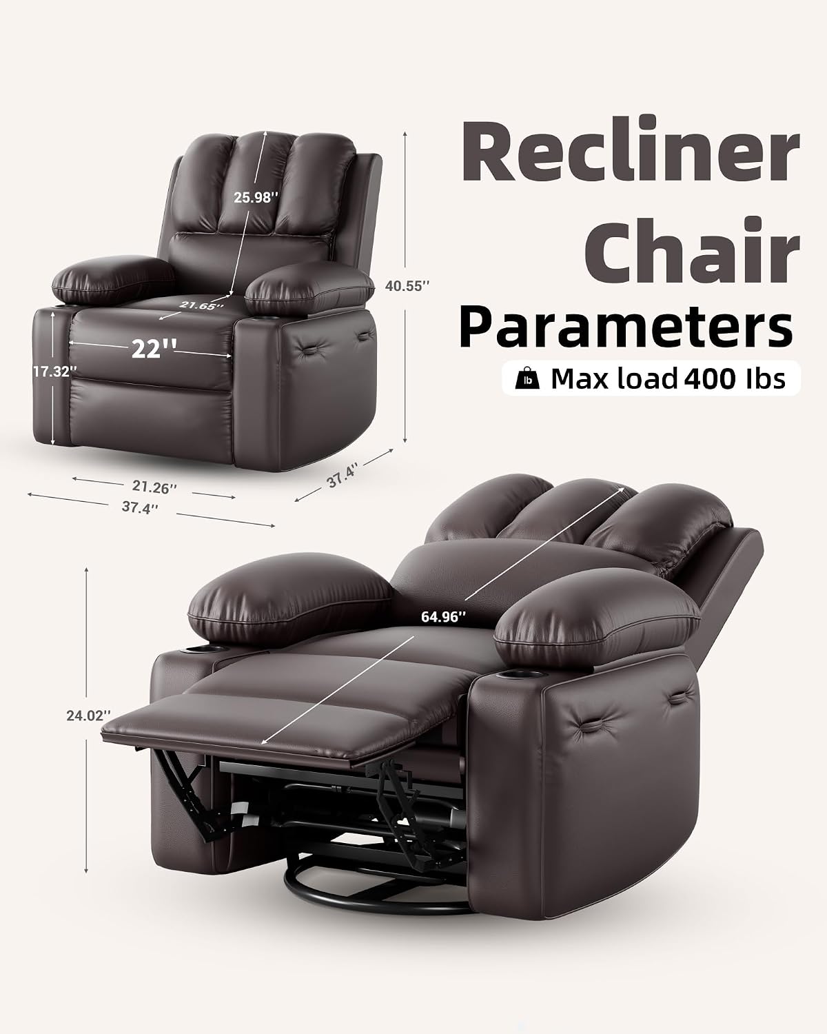 22 in Leather Recliner Chair for Adults, Overstuffed Manual Recliner Chair, Single Sofa with Cup Holder and Side Pockets, Upholstered Chair for Living Rooms, Coffee