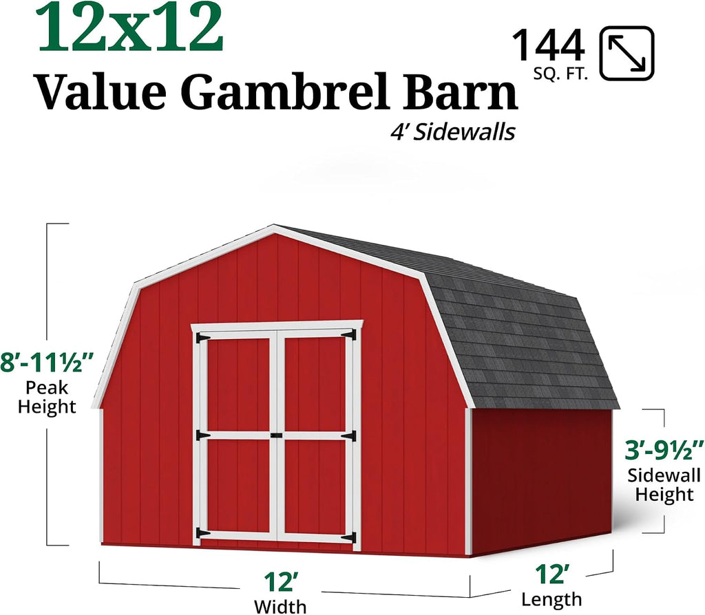Little Cottage Co. 12x12 Value Gambrel Barn with 4 ft. Sidewalls with Floor, Outdoor Wood Storage Shed Do-It-Yourself Precut Kit