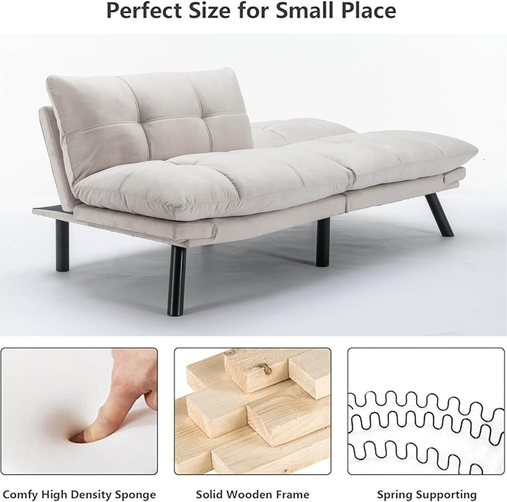 Anwick Velvet Convertible Futon Sofa Bed,71' Modern Comfy Loveseat Sleeper Sofa with Adjustable Backrest Armrest,Folding Futon Sleeper Recliner for Living Room,Office,Apartment (Cream)