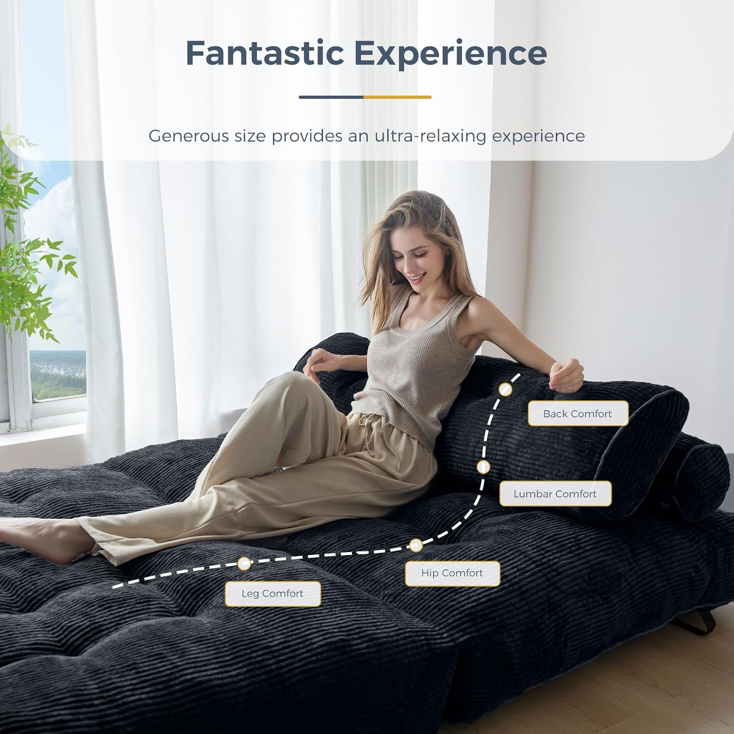 MAXYOYO Folding Sofa Bed, Convertible Sleeper Chair with Pillow Foldable Mattress with Back Support, Portable Fold Out Chair Bed Comfy Floor Sofa Lounge for Living Room Bedroom, Black Double