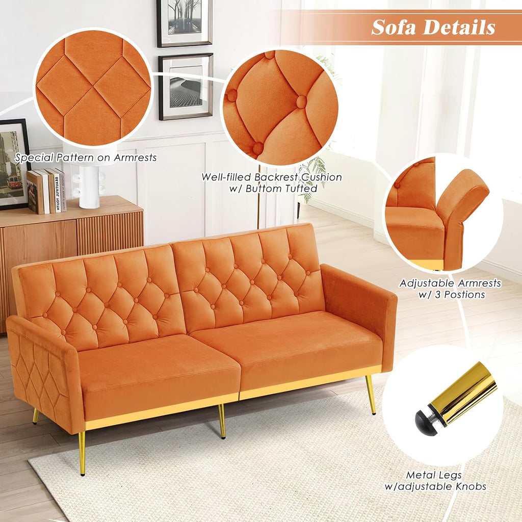 2 Pieces Velvet Sofa Set w/Adjustable Armrests and Backrests, Tufted Accent Chair w/Ottoman, Convertible Futon Sofa Bed for Bedroom, Living Room, Apartment, Orange