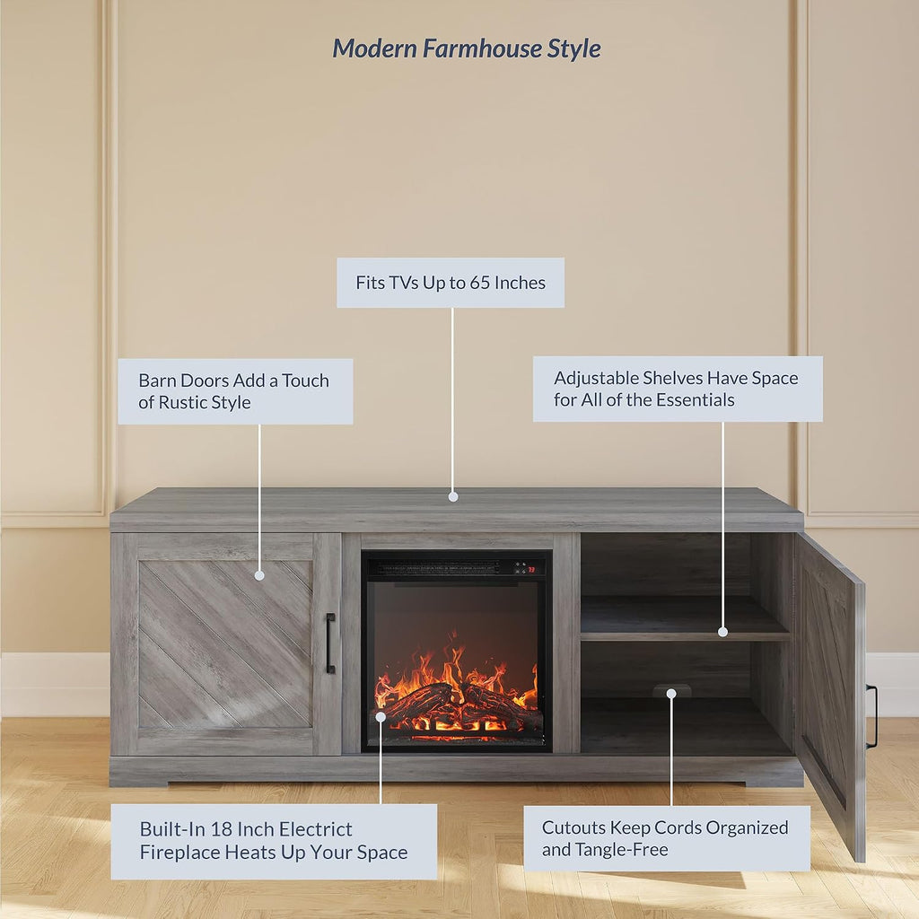 BELLEZE Modern 58' Farmhouse TV Stand with 18' Electric Fireplace Heater & Media Entertainment Center for TV up to 65', Console Table with Storage Cabinets - Hilo (Grey Wash)