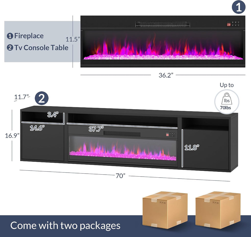 BELLEZE 70' Floating Fireplace TV Stand Wall Mounted with 36' Electric Fireplace,960 RGB Colors Entertainment Center with Storage for TVs up to 80', Modern Media Console TV Shelf for Living Room