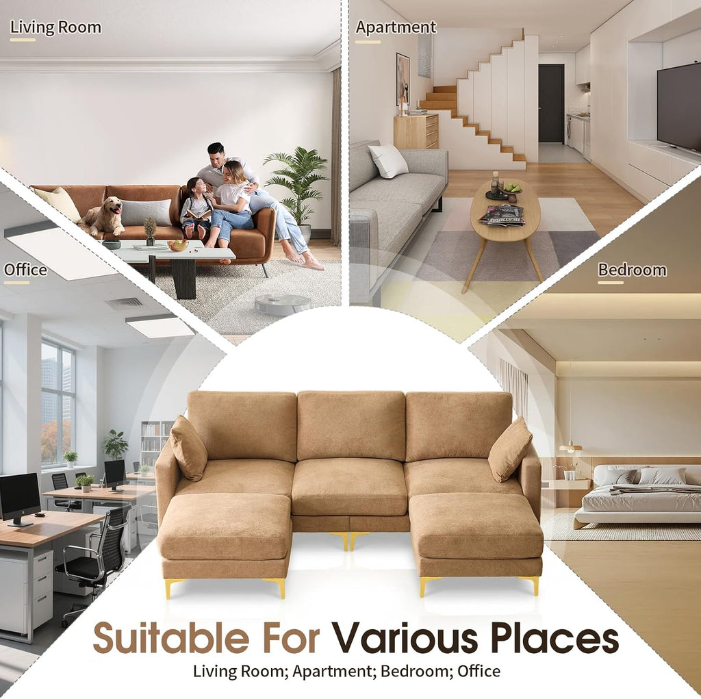 VINGLI 100' W U Shaped Couch with Ottoman, 22' Deep Seat Comfortable Sectional Couches for Living Room, 3 Seater Chenille Fabric Cloud Sofa for Apartment, Small Spaces, Bedroom, Khaki