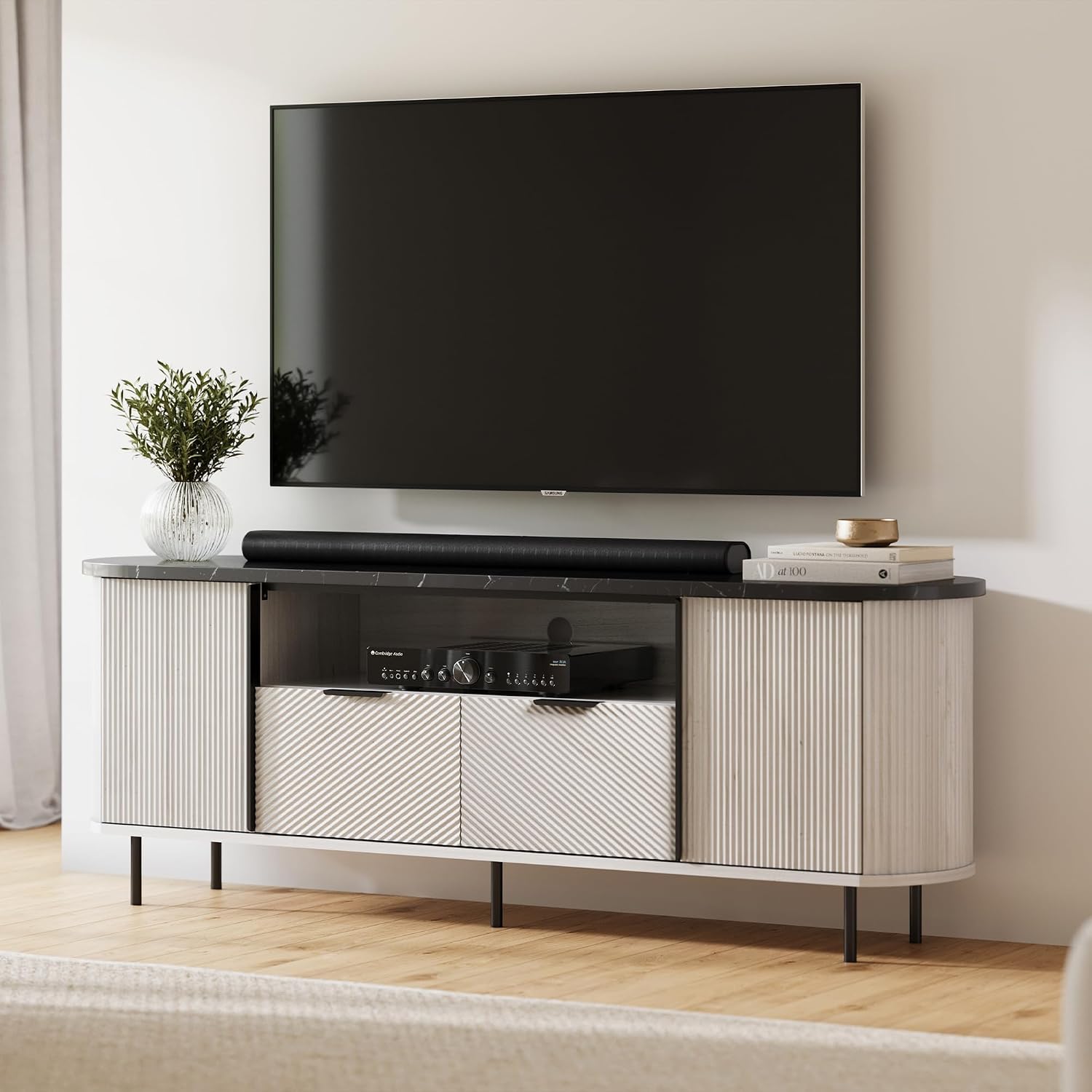 BELLEZE 68 inch Fluted TV Stand Modern Chic Faux Marble Top, Curved Profile Entertainment Center with Storage for TVs Up to 80 inch, Media Console Tv Cabinet for Living Room (White Sand)