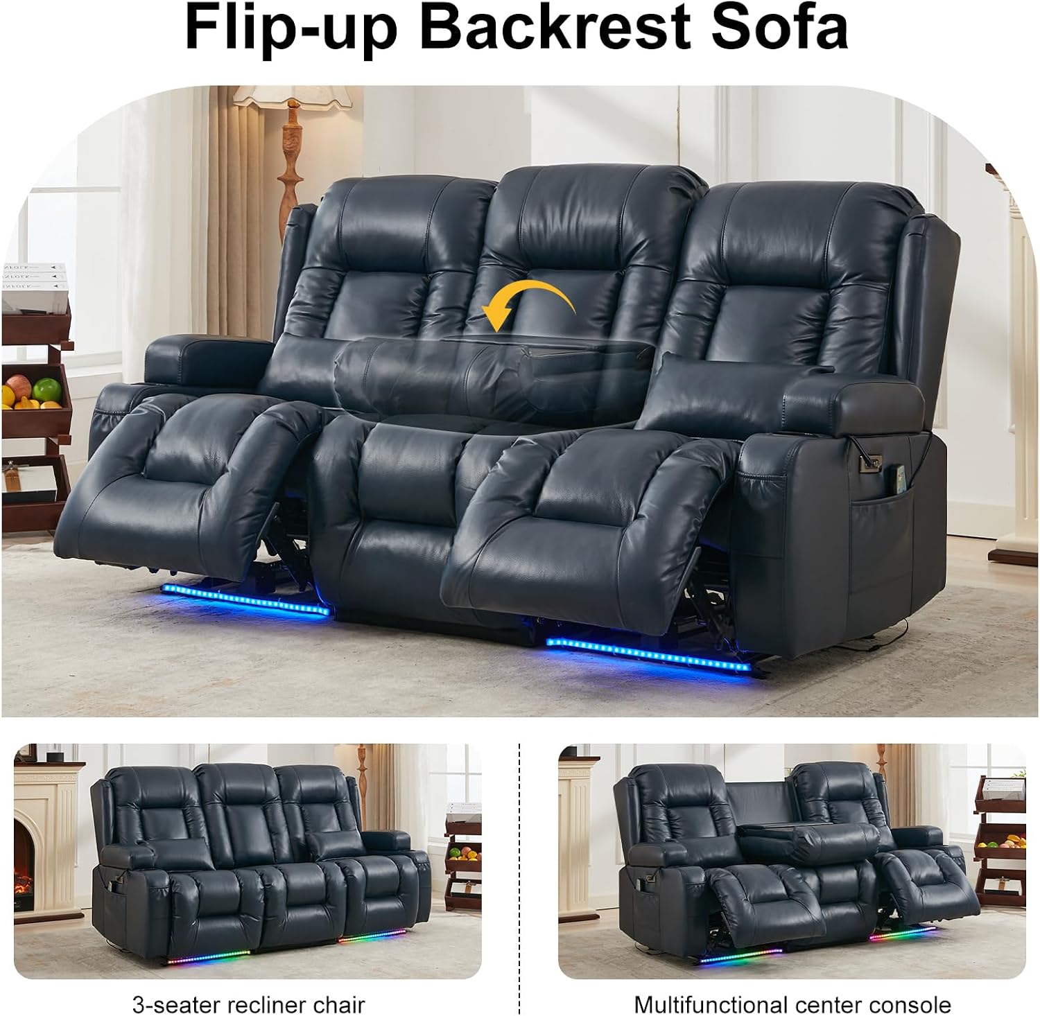 TUNYI Power Loveseat Recliner Sofa with Massage & Heat Home Theater Seating with Console RV Recliner Loveseat Sofa with USB/Storage/Side Pocket/LED Light/Speaker (Blue, 3 Seat)