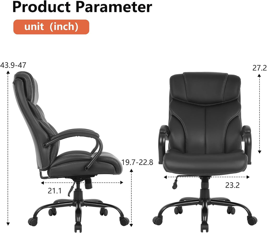 PayLessHere Big and Tall Office Chair Desk Chair 500lbs Wide Seat Ergonomic Chair with Arms and Lumbar Support Pu Leather High Back Executive Task Ergonomic Computer Chair for Back Pain, Black