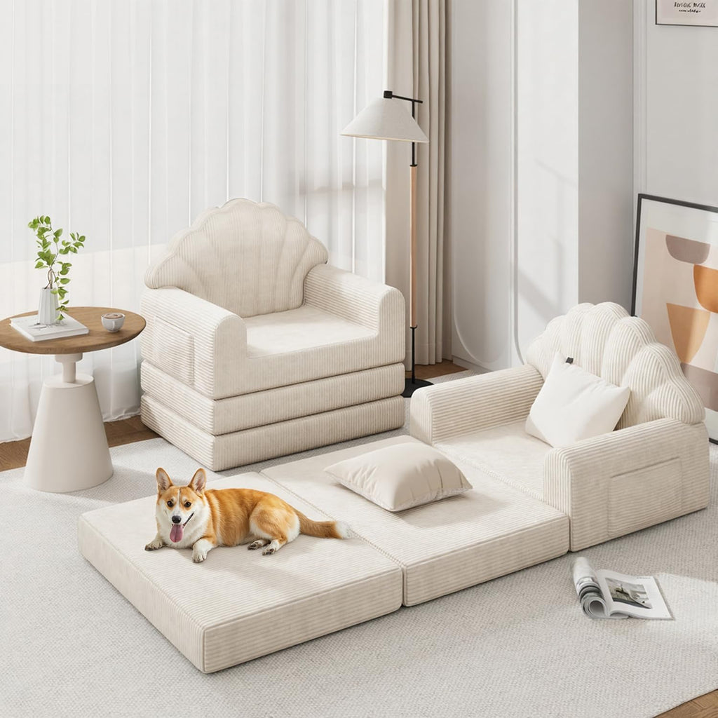 2-in-1 Folding Sofa Bed, 75' D x 34' W Convertible Futon Sleeper Chair for Adult with Extra Back Support, Fold Out Bean Bag Floor Foam Lounger Couch for Living Room Bedroom Small Space, Beige