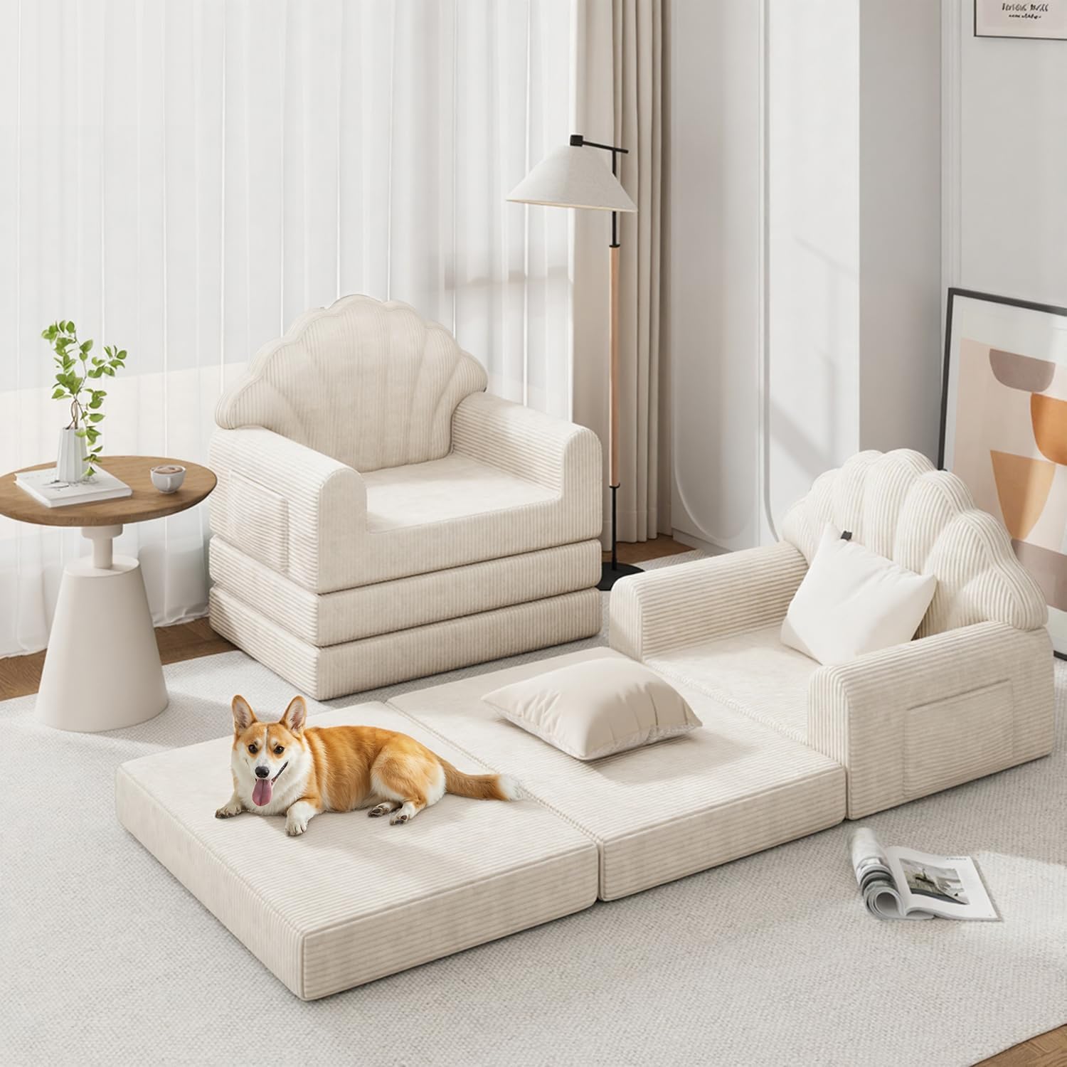 2-in-1 Folding Sofa Bed, 75' D x 34' W Convertible Futon Sleeper Chair for Adult with Extra Back Support, Fold Out Bean Bag Floor Foam Lounger Couch for Living Room Bedroom Small Space, Beige