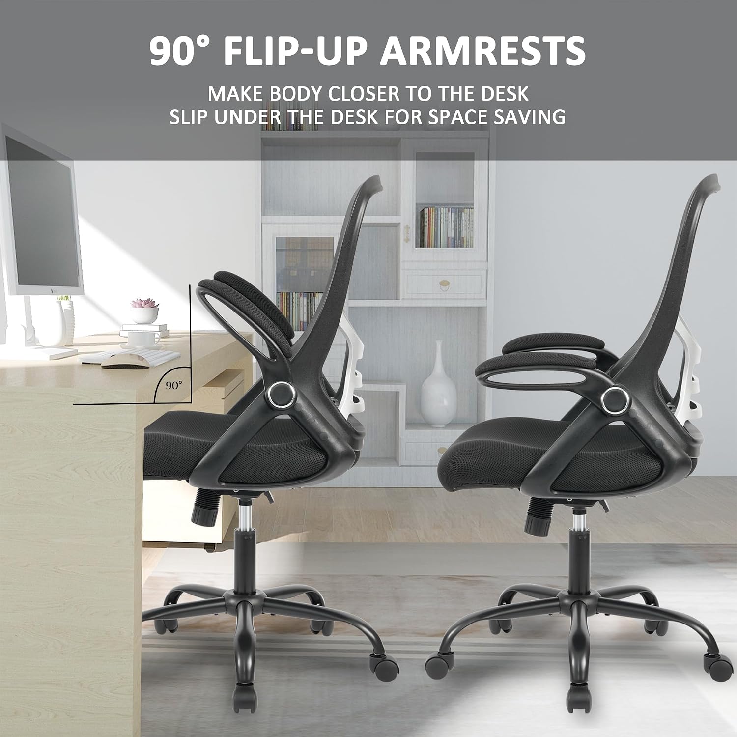 HYLONE Office Chair Ergonomic Chair with Flip up Armrests, Thickened Seat Computer Chair with Breathable Mesh Back Home Office Computer Chairs for Long Hours Mesh Office Chair(Black)