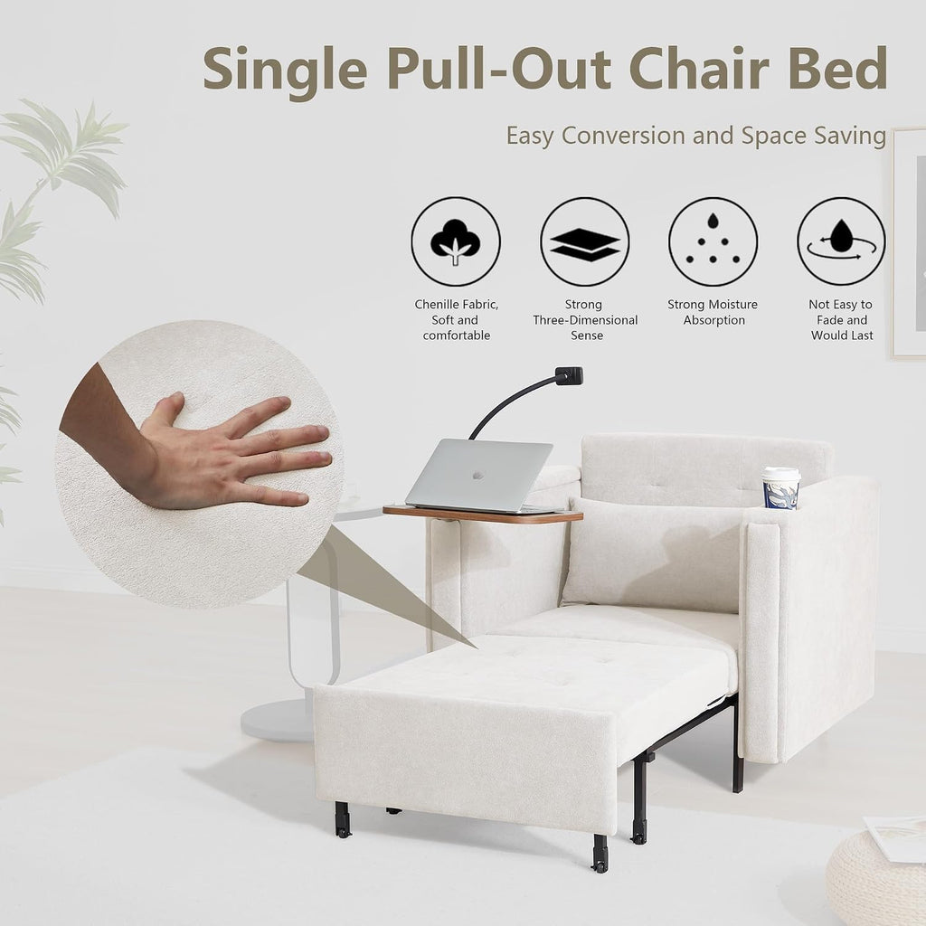 LEVNARY 3-in-1 Convertible Chair Pull Out Bed, Single Sofa Chair Sleeper for Adults with Hidden Side Table, Modern Chenille Fabric Armchair for Bedroom Dorm Home Office (Beige)