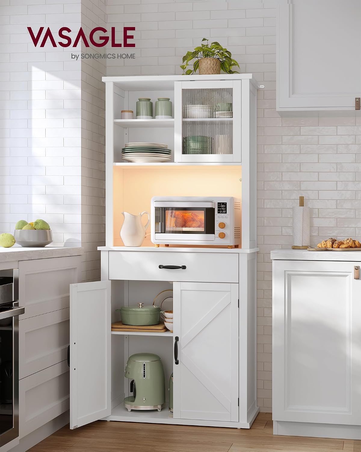 VASAGLE LIRY Collection - 71-Inch Tall Kitchen Pantry Cabinet with Lights and Charging Station, Coffee Bar Cabinet with Doors and Drawer, Farmhouse Style, Adjustable Shelves, Cloud White UBBK363W11