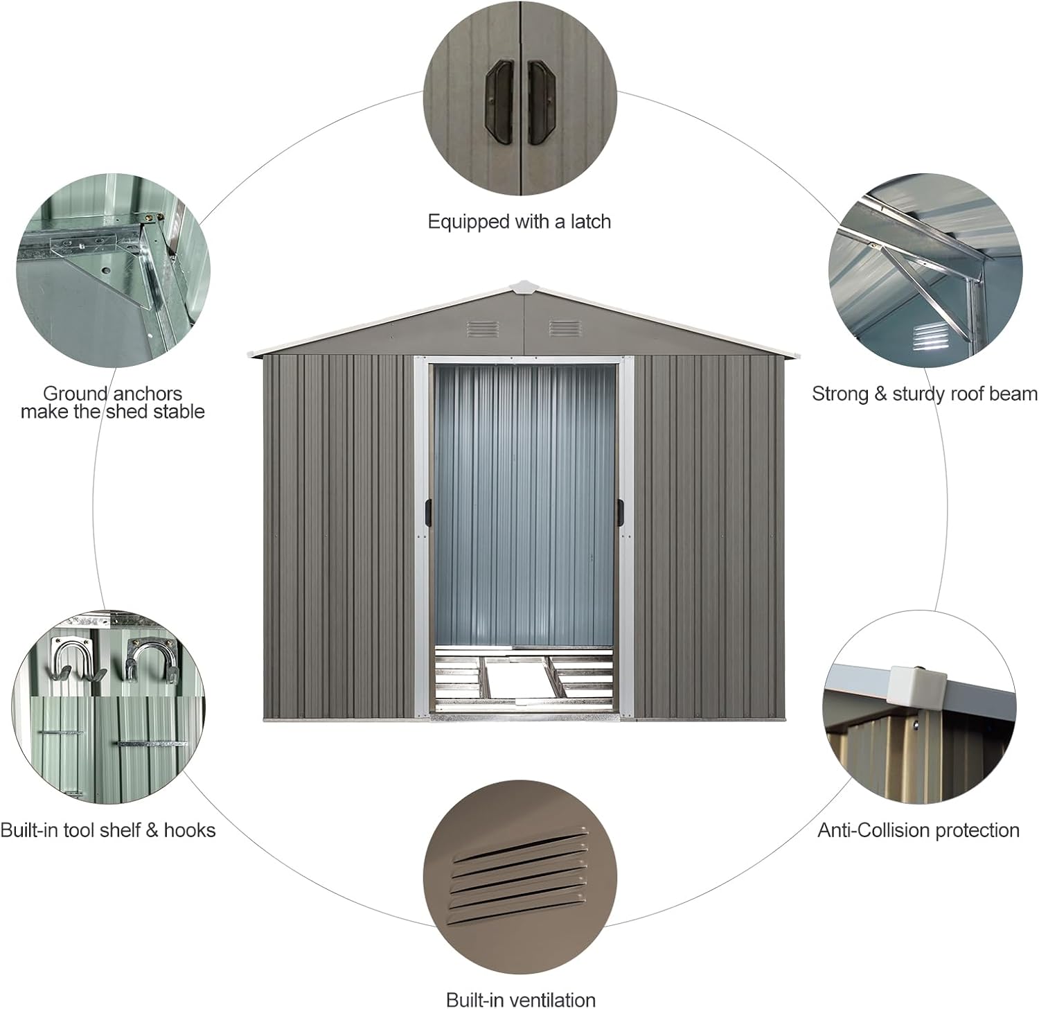 KEIKI 8x10 FT Outdoor Metal Storage Shed with Peaked Roof,Vents and Lockable Door for Garden Yard Lawn