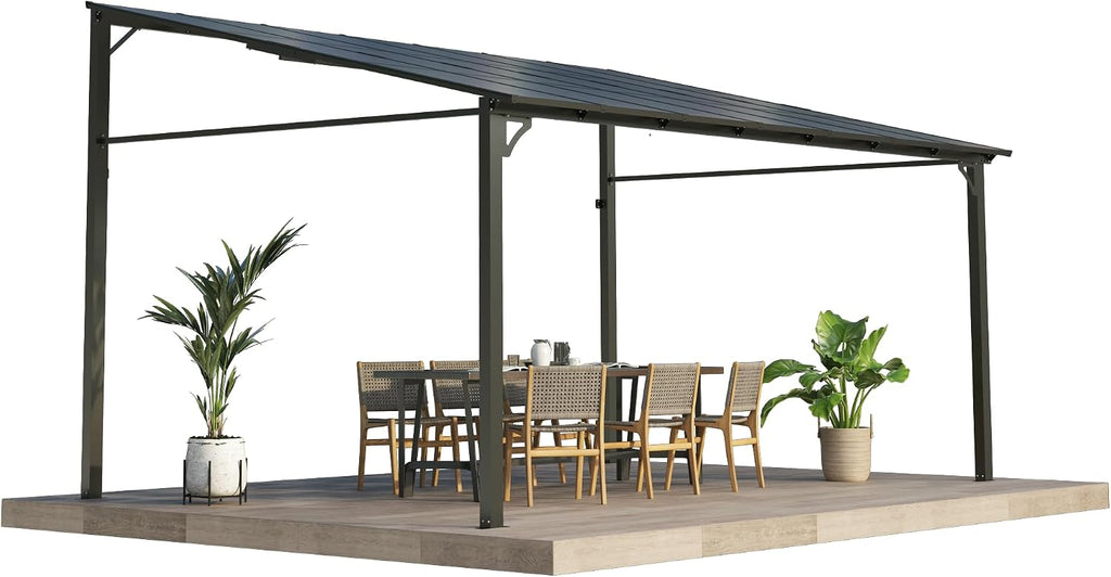 12'x 16'Wall Mounted Gazebo, Hardtop Lean-to Pergola with Polycarbonate Roof, Heavy Duty Outdoor Patio Awnings for Deck, Porch, Backyard, Garden, Weather Resistant, Brown