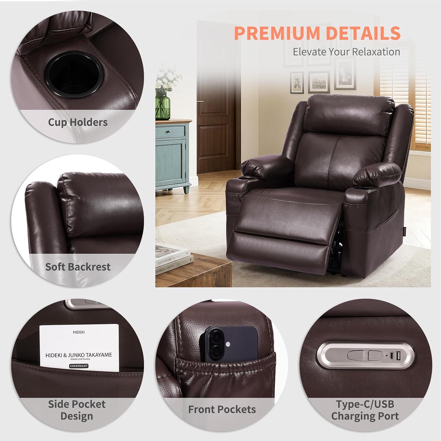 EONIX Wall Hugger Recliner for Small Space, Real Zero Clearance Power Recliner, Lazy Boy Recliner Chair with Cup Holders for RV, Living Room, Bedroom, SXXY011990, Chocolate Brown
