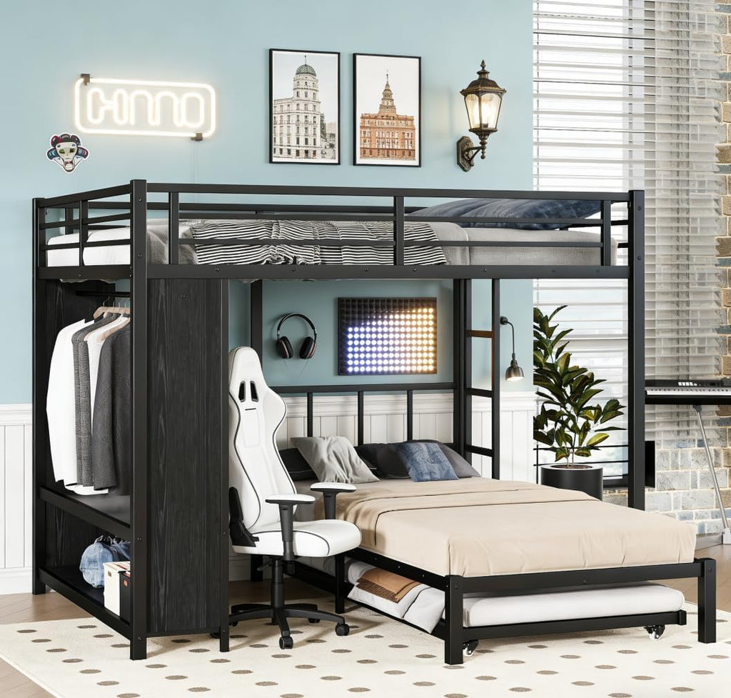 Bellemave Queen Over Twin XL bunk Bed with Foldable Desk and Wardrobe and Twin Trundle, loft Bed with Desk and Desk, Metal Bunk Beds with Storage, Black