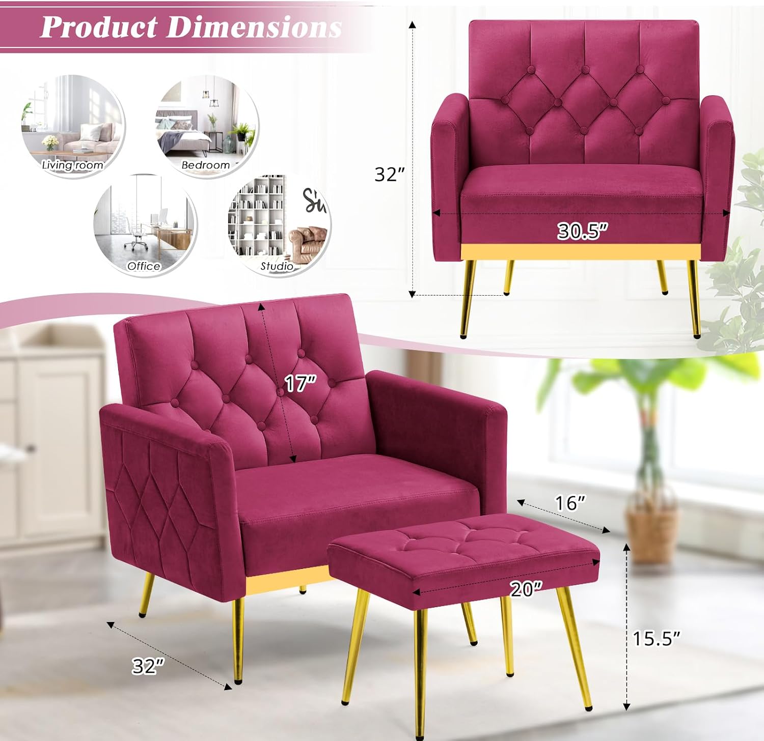 2 Pieces Velvet Sofa Set w/Adjustable Armrests and Backrests, Tufted Accent Chair w/Ottoman, Convertible Futon Sofa Bed for Bedroom, Living Room, Apartment, Fuchsia