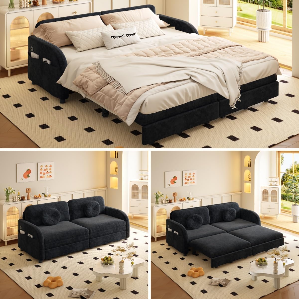 65.4'' Pull Out Couch Bed Queen Size, Chenille Sleeper Sofa Daybed, 3 in 1 Convertible Couches, Futon Sofa with 2 Pillows, Storage Pockets, USB, Loveseat for Small Spaces, Living Room, Black