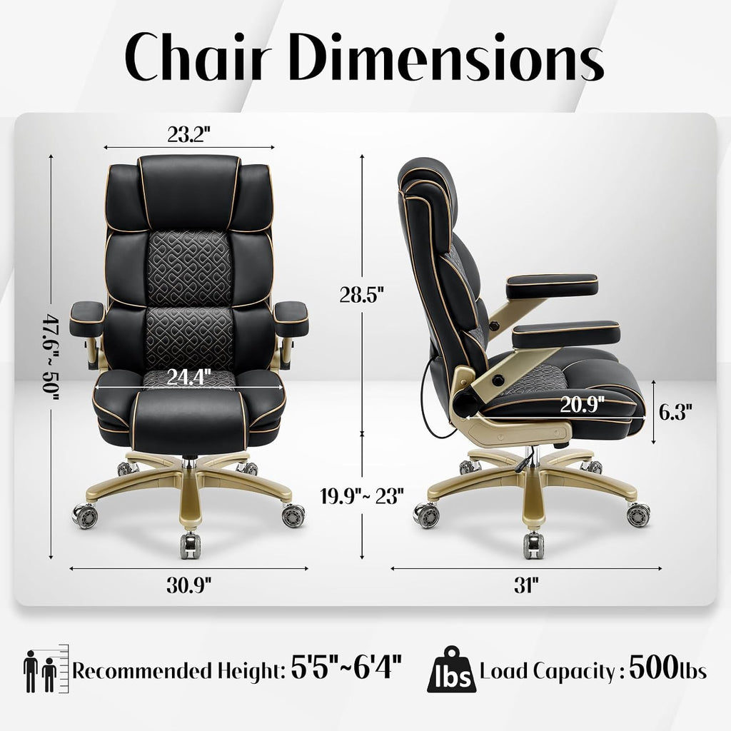 Big and Tall Office Chair 500lbs, Heavy Duty Leather Chair with 5D Armrests Comfortable Seat, High Back Executive Office Chair with Adjustable Lumbar, Large Computer Chair for Home Office, Black