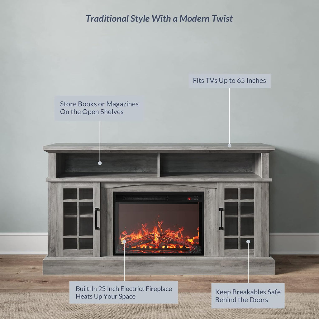 BELLEZE Traditional 58' Rustic TV Stand with 23' Electric Fireplace Heater with Sound, Media Entertainment Center Console Table for TV up to 65' with Open Storage Shelves and Cabinets - Grey Wash