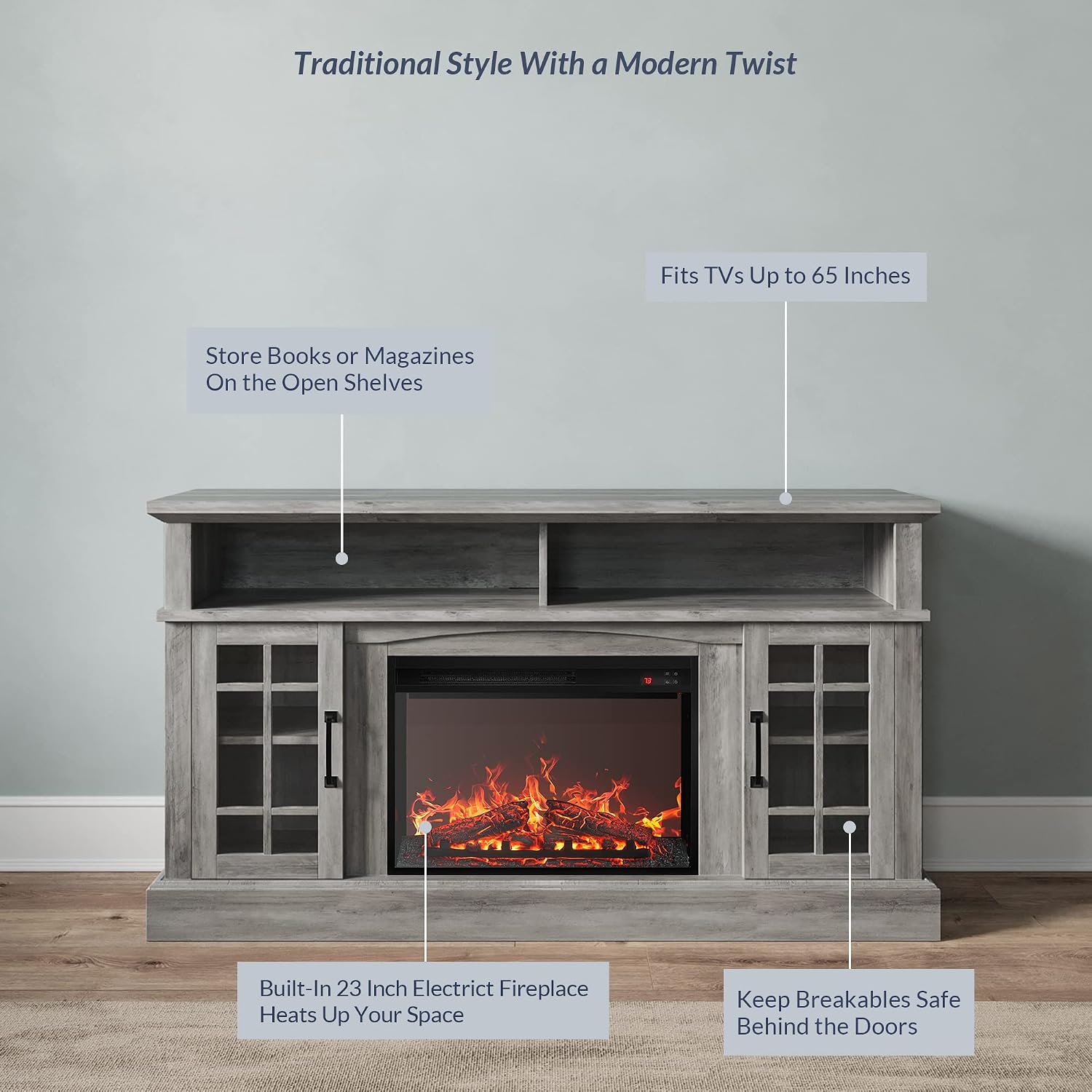 BELLEZE Traditional 58' Rustic TV Stand with 23' Electric Fireplace Heater with Sound, Media Entertainment Center Console Table for TV up to 65' with Open Storage Shelves and Cabinets - Grey Wash