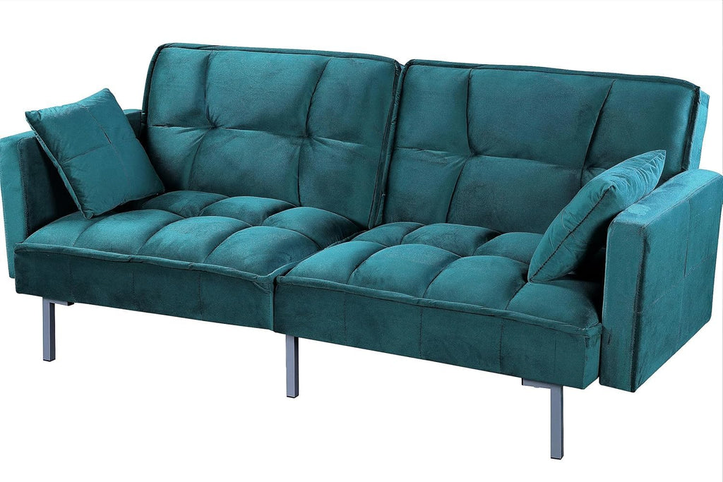 Container Furniture Direct Regal 75.6' Velvet Convertible Sofa Bed - Mid-Century Sleeper Couch w/Tufted Design & Metal Legs - Pull-Out Futon for Guests/Home (75.6' W x 34.6' D x 32' H), Blue