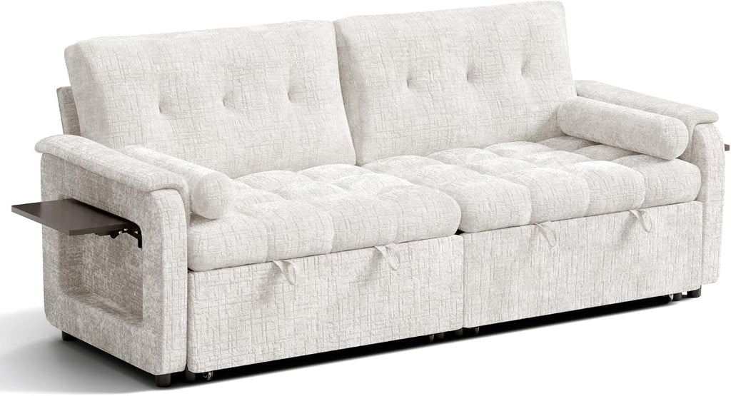 Convertible Sleeper Sofa Bed, 86 Inch Chenille Pull Out Couch with Side Table & Adjustable Backrest, Sectional Sleeper Sofa with Pull Out Bed for Living Room, Apartment, Beige