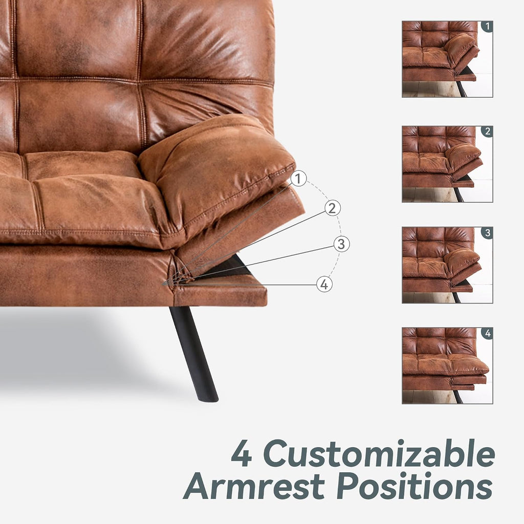 Vyfipt Convertible Futon Sofa Bed, Brown Faux Leather Futon Couch with Adjustable Backrest & Armrests, Folding Small Recliner Sleeper Sofa Bed for Living Room, Apartment, Office
