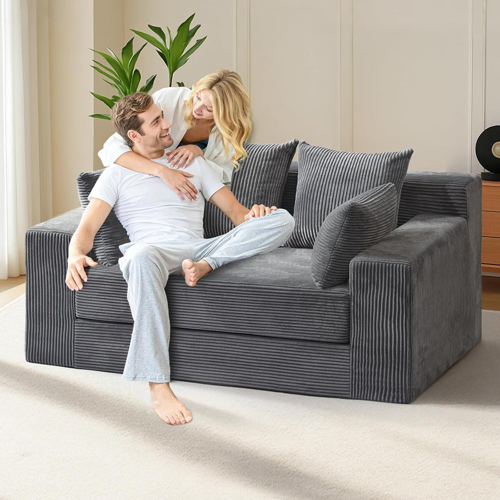 Convertible Sofa Bed, Boneless Couch Loveseat Sleeper, 2 in 1 Folding Couch Bed, Fold Out Comfy Floor Futon Sofa with Pillows for Living Room Bedroom, Grey