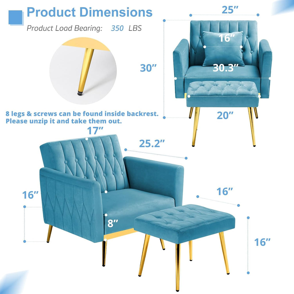 2 Pieces Velvet Sofa Set with Adjustable Armrest and Backrest, 70' Convertible Futon Sofa Bed & Mordern Accent Chair with Ottoman for Living Room, Bedroom, Baby Blue