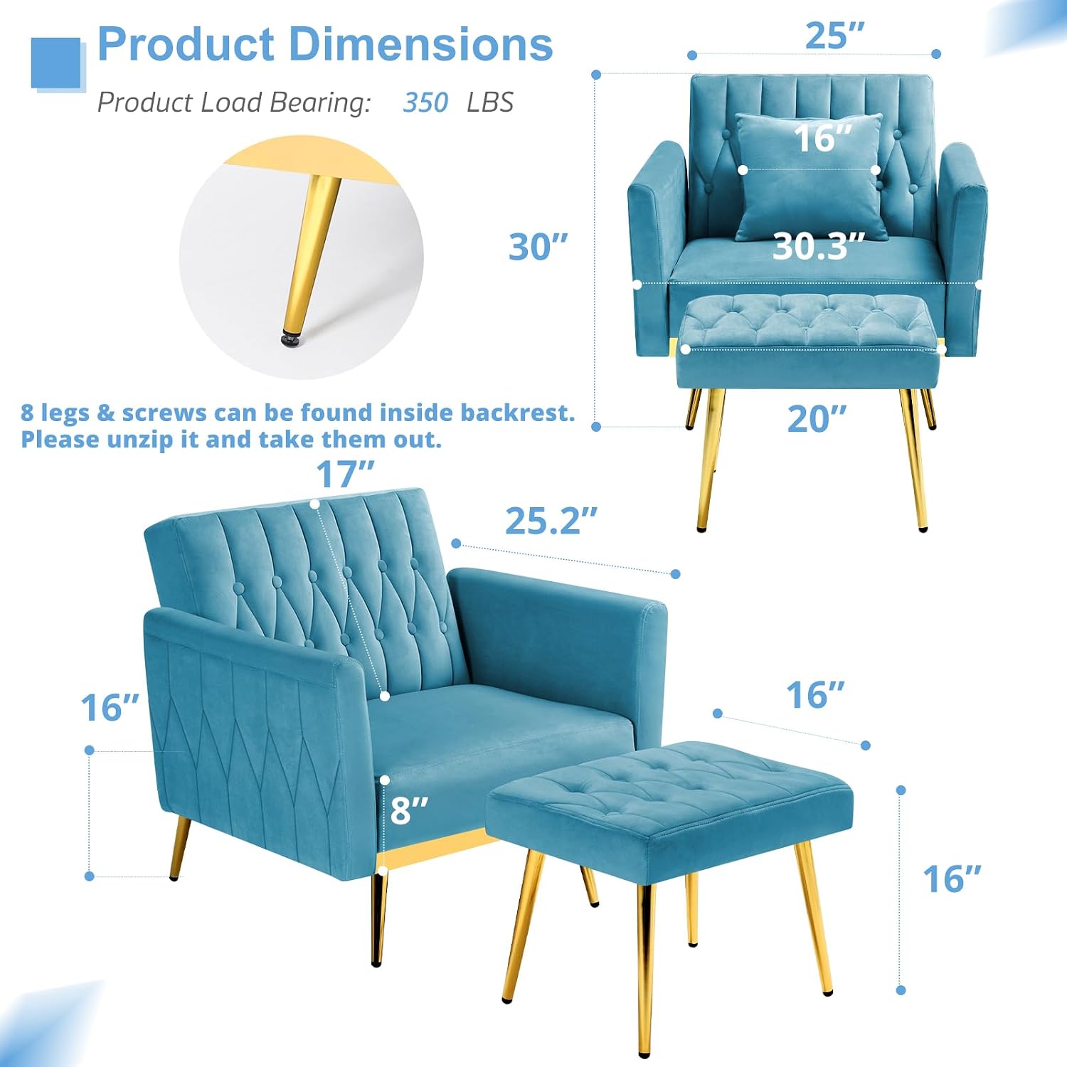 2 Pieces Velvet Sofa Set with Adjustable Armrest and Backrest, 70' Convertible Futon Sofa Bed & Mordern Accent Chair with Ottoman for Living Room, Bedroom, Baby Blue