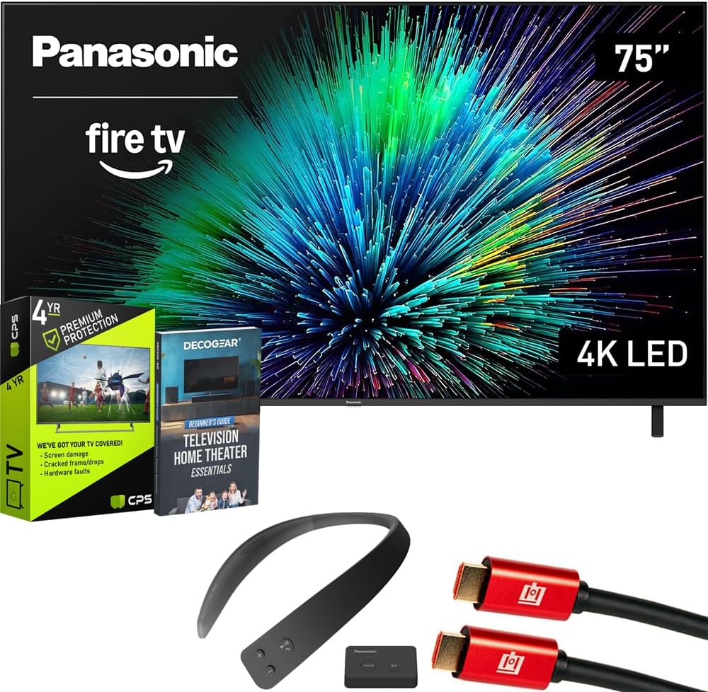 Panasonic TV-75W70BP W70 Series 75 inch LED 4K Ultra HD Smart Fire TV Bundle with WN10 Neck Speaker, 4 YR CPS Enhanced Protection, 2X HDMI Cable & Deco Gear Complete Home Theater Beginner's Guidebook