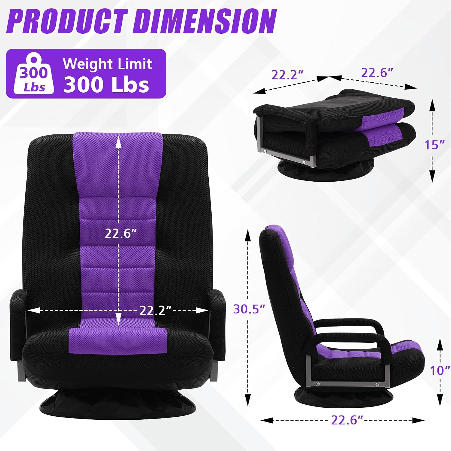 Swivel Gaming Chair Multipurpose 2PACK Floor Gaming Chair for Playing Video Games, TV, Reading w/Armrest Lumbar Support & 6 Adjustable Postion Backrest for Adults,Purple