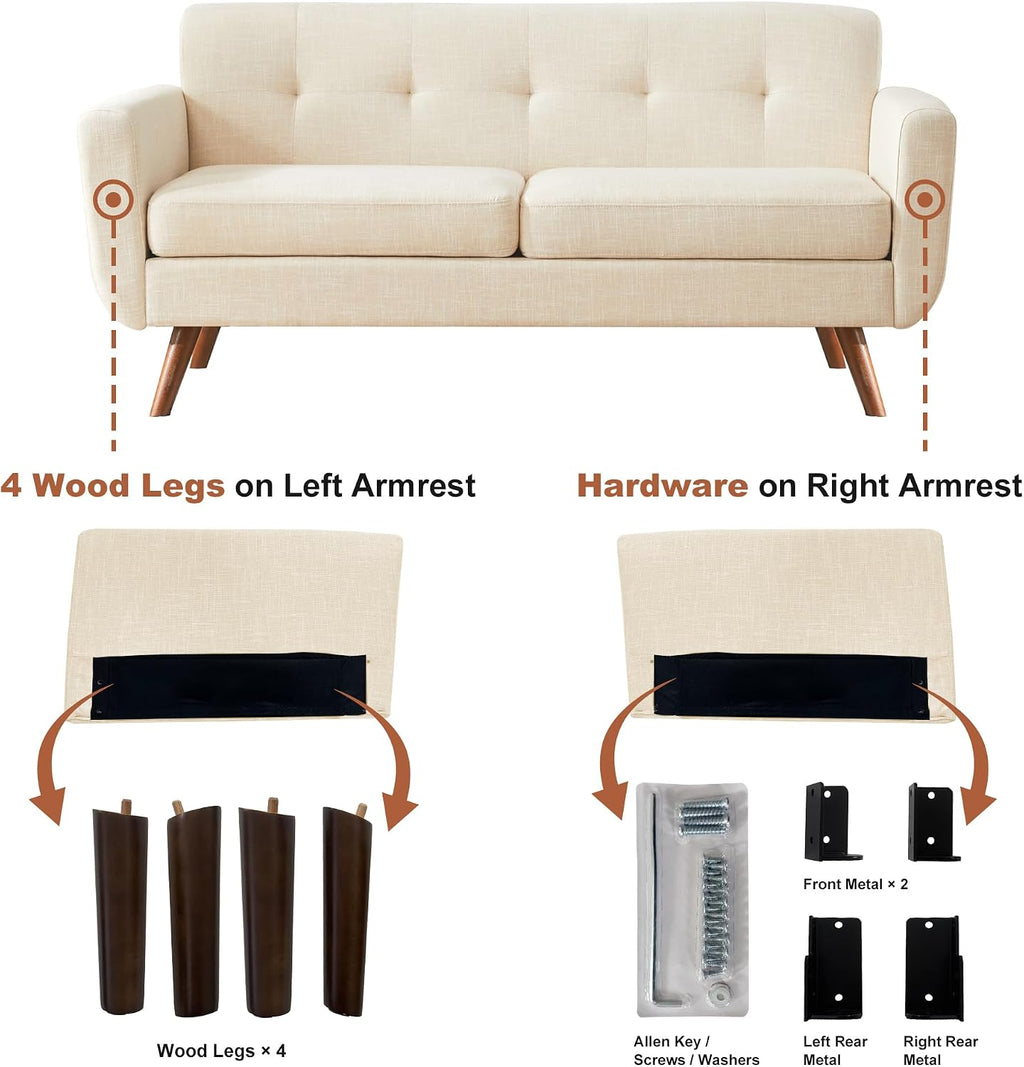 Tbfit 65' W Loveseat Sofa, Mid Century Modern Decor Love Seat Couches for Living Room, Button Tufted Upholstered Small Couch for Bedroom, Solid and Easy to Install Love Seats Furniture, Beige