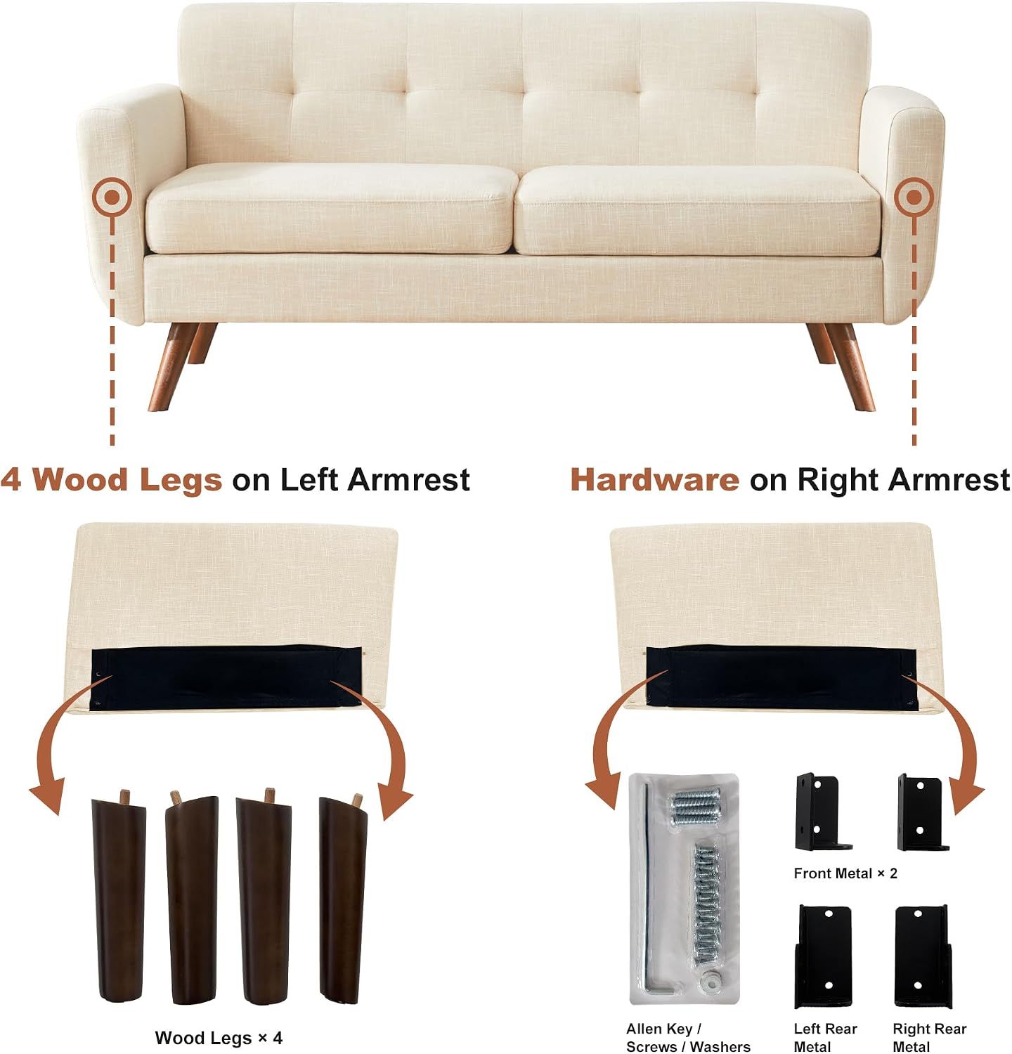 Tbfit 65' W Loveseat Sofa, Mid Century Modern Decor Love Seat Couches for Living Room, Button Tufted Upholstered Small Couch for Bedroom, Solid and Easy to Install Love Seats Furniture, Beige