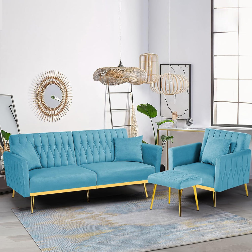 2 Pieces Velvet Sofa Set with Adjustable Armrest and Backrest, 70' Convertible Futon Sofa Bed & Mordern Accent Chair with Ottoman for Living Room, Bedroom, Baby Blue