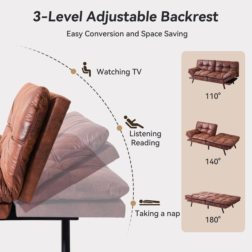 71' Convertible Futon Sofa Bed,Brown Faux Leather Futon Couch,Memory Foam Reclining Sleeper Sofa Bed,Modern Folding Small Loveseat Couches for Living Room,Office,Apartment